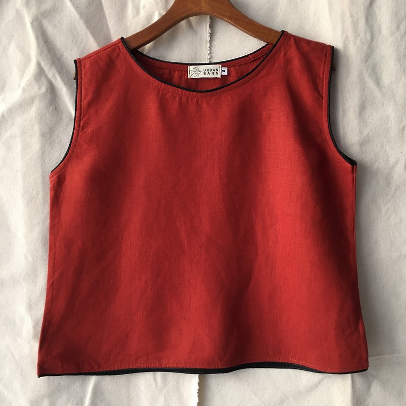 ฺBrick Red Linen Sleeveless Top with Black Binding - Women's Tops - Cotton & Hemp Red