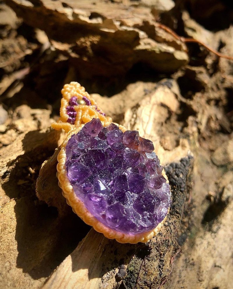 Amethyst Crystal Macrame Necklace (Adjustable) - 項鍊 - 寶石 紫色
