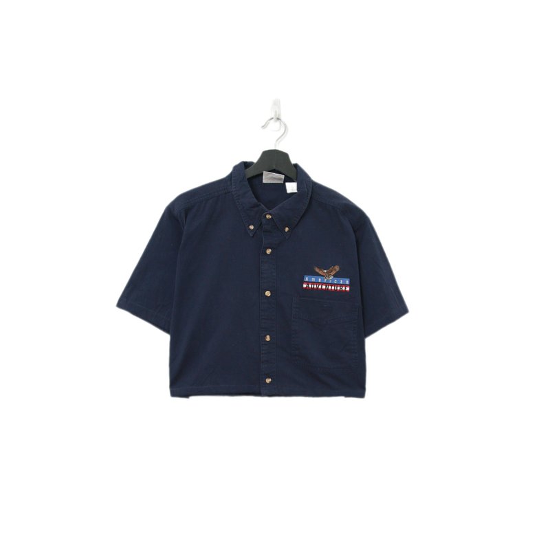 Back to Green-再製短板刺繡襯衫 棕色熊鷹 wt-20//vintage shirt - 女襯衫 - 棉．麻 