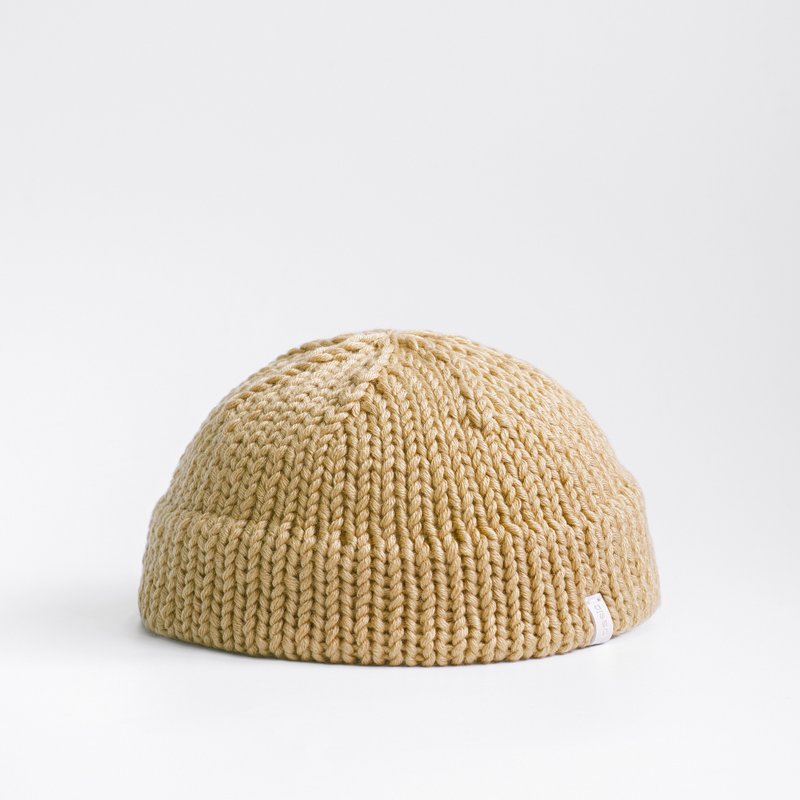 K045 Hand-knit ultra-short yarmulke sailor hat- Khaki - หมวก - ผ้าฝ้าย/ผ้าลินิน สีกากี