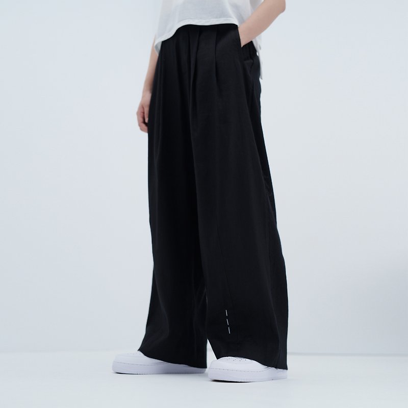 TRAN - Hemp-necked wide pants - กางเกงขายาว - ผ้าฝ้าย/ผ้าลินิน สีดำ