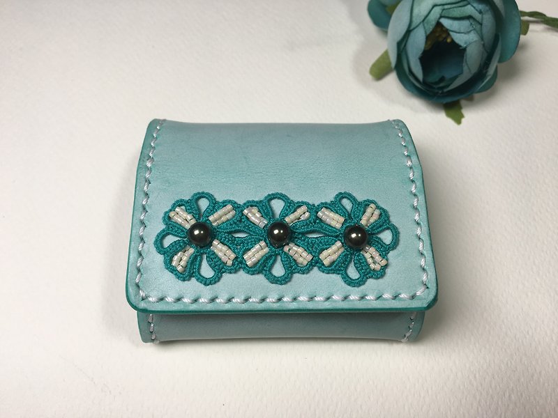 【Mint color rub wax leather】- tatted lace leather coin purse / little box/ gift / tatting / handmade /customize - Coin Purses - Genuine Leather Green