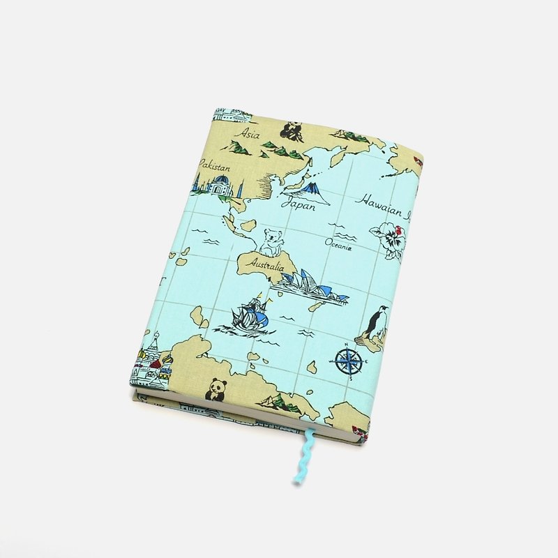 Traveling around the world book cover with bookmark handmade - Book Covers - Cotton & Hemp Blue