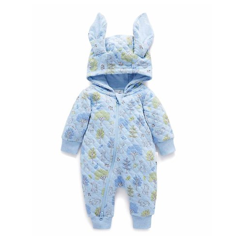 Purebaby有機棉 澳洲Purebaby有機棉嬰兒鋪棉拉鍊連身衣/新生兒包屁衣 粉藍小兔帽