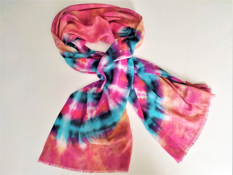 Cotton scarf Blue pink orange long abstract scarf Large shawl Tie dye scarf - 絲巾 - 棉．麻 多色
