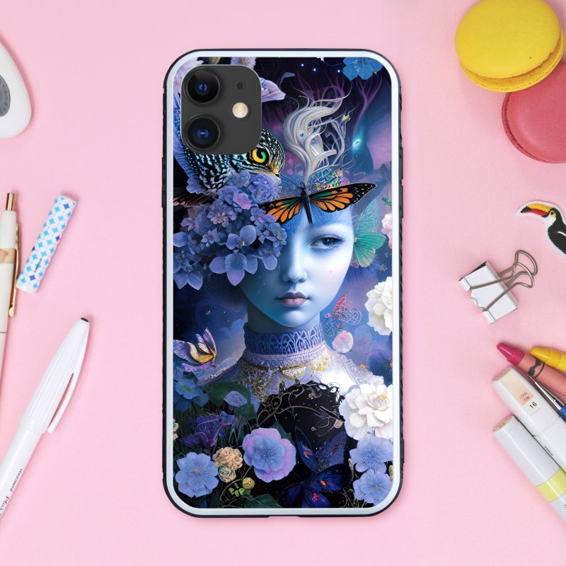 A fantastic, chic, and gorgeous dreamy cute witch with bird, butterflies, and flower lover smartphone case [tempered glass finish] Compatible with iPhone 16 - เคส/ซองมือถือ - พลาสติก หลากหลายสี