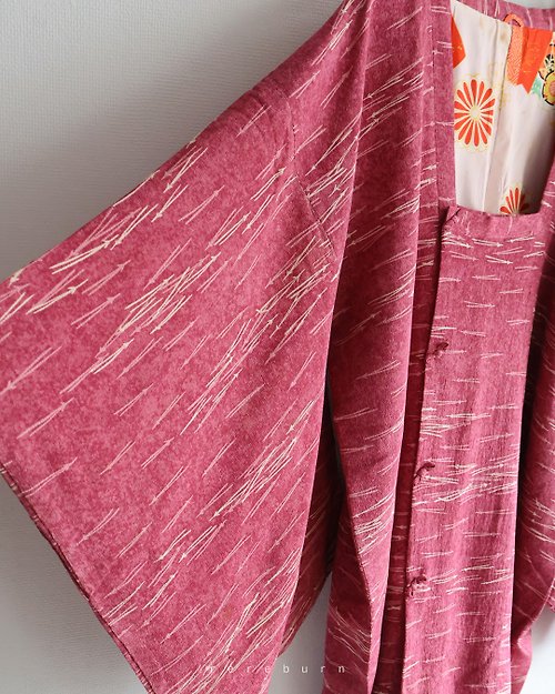 REreburn 日本製和風印花桃紅色薄款古著道行羽織和服外套-瑕疵特