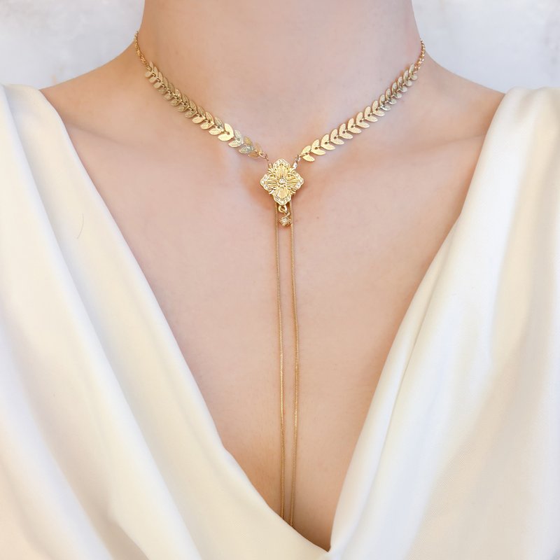 Danaë/キュービックジルコニアのループタイのチョーカーネックレス SV684 - 頸鏈 - 其他金屬 金色