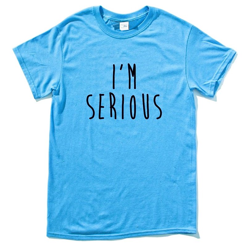 I'M SERIOUS 短袖T恤 藍色 文字 文青 藝術 設計 時髦 趣味 - 女 T 恤 - 棉．麻 藍色