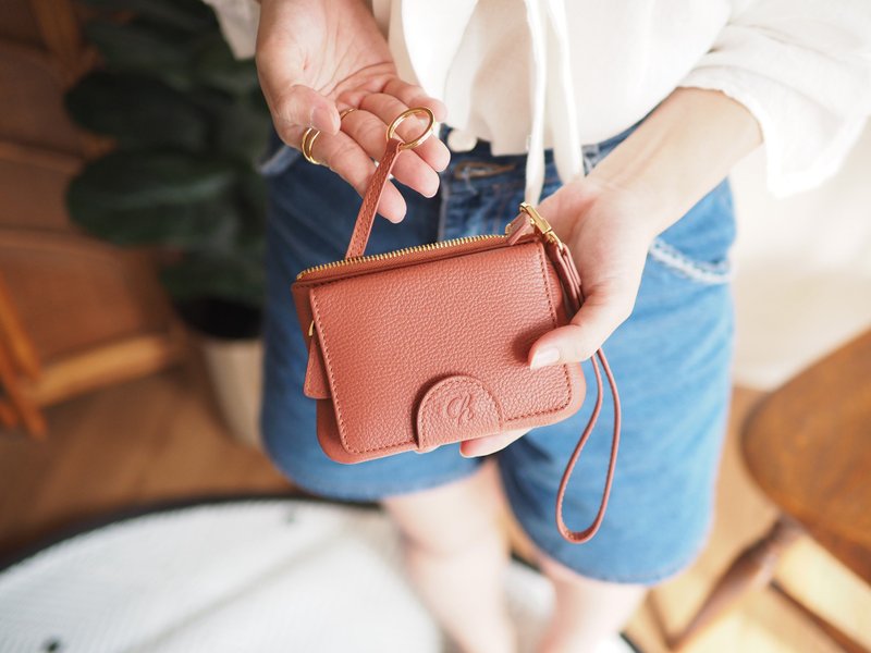Mary (Coral) : Mini wallet, short wallet, cow leather, Pink-orange, Zip pouch - 皮夾/長短夾/錢包 - 真皮 粉紅色