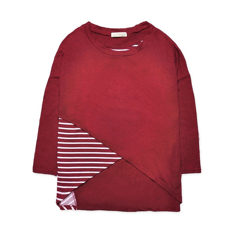 Oversized  long Sleeve Tee With Wrap Overlay - Red - เสื้อผู้หญิง - ผ้าฝ้าย/ผ้าลินิน สีแดง
