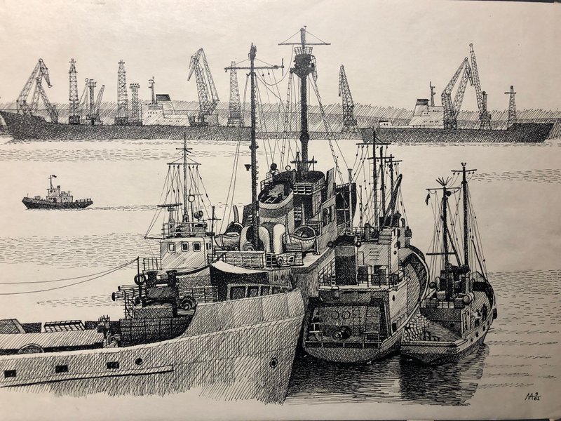 Port Scene, Industrial Maritime Landscape, Ink pen on paper, Home Decor, Wall Ar - 壁貼/牆壁裝飾 - 紙 