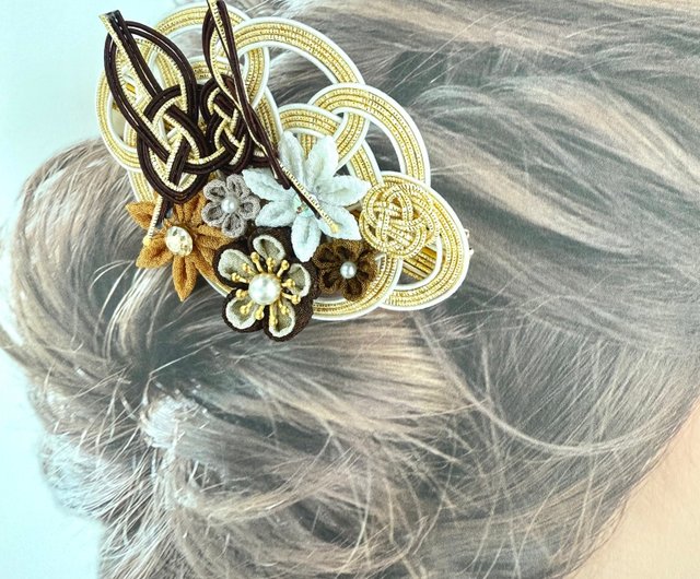水引細工、つまみ細工ヘアクリップ ゴールド ブラウン フォーマル 花