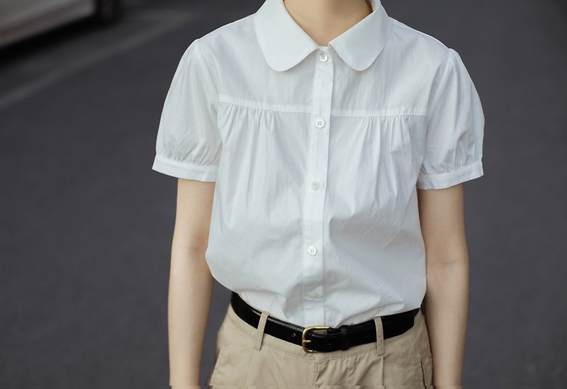 French girl cute peter pan collar cotton shirt - เสื้อผู้หญิง - ผ้าฝ้าย/ผ้าลินิน ขาว