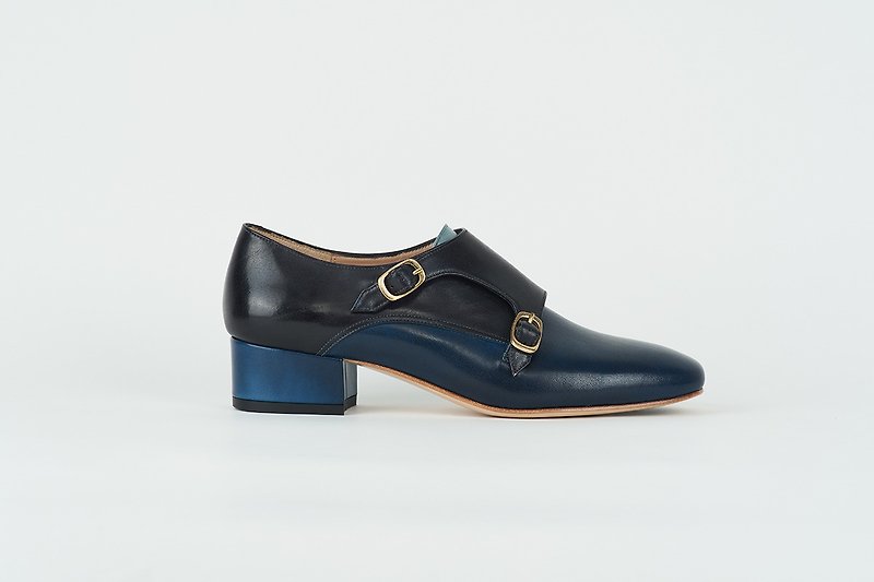 3.4cm モンクストラップヒール - プルシアンブルー - 革靴 - 革 ブルー