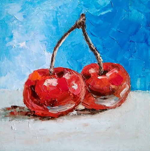 ColoredCatsArt Couple Cherries Original Painting, Kitchen Still Life, Fruit Wall Art, Food Art