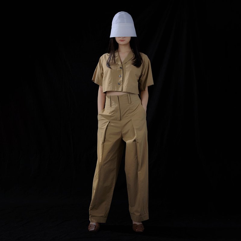 棉麻高腰打褶長褲 - 女長褲 - 棉．麻 卡其色