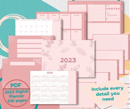 meverything 2023 Digital Planner pink pastel 530 pages , free 114 png sticker