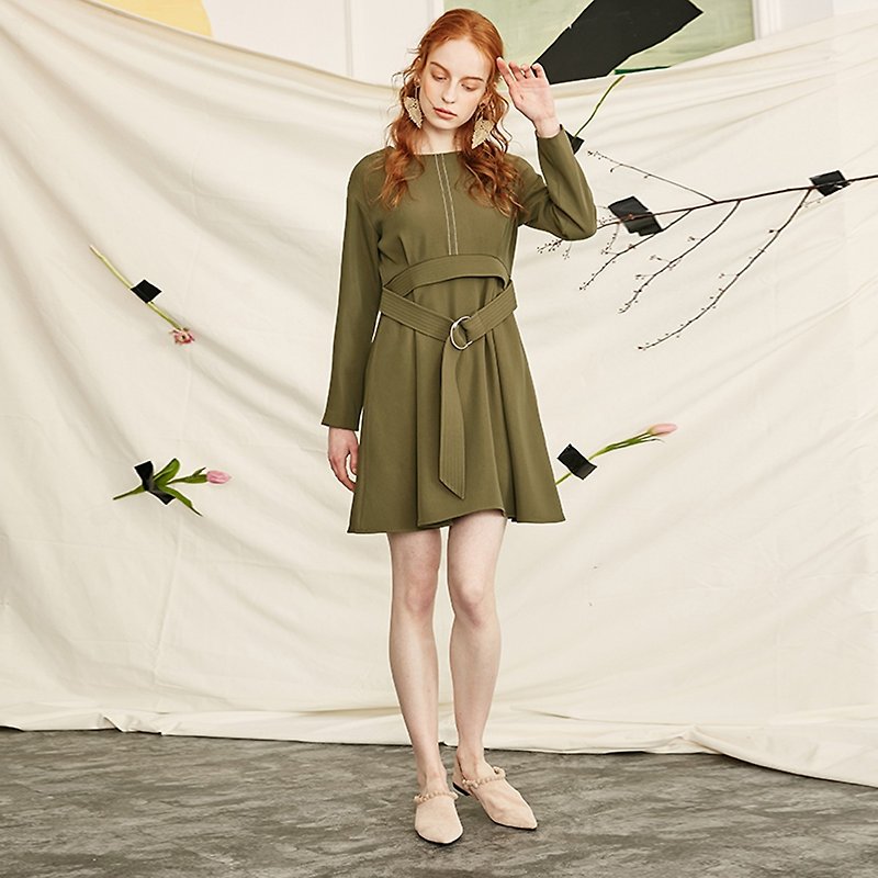Lace-up short round neck long-sleeved French women's one-piece dress - One Piece Dresses - Polyester Green