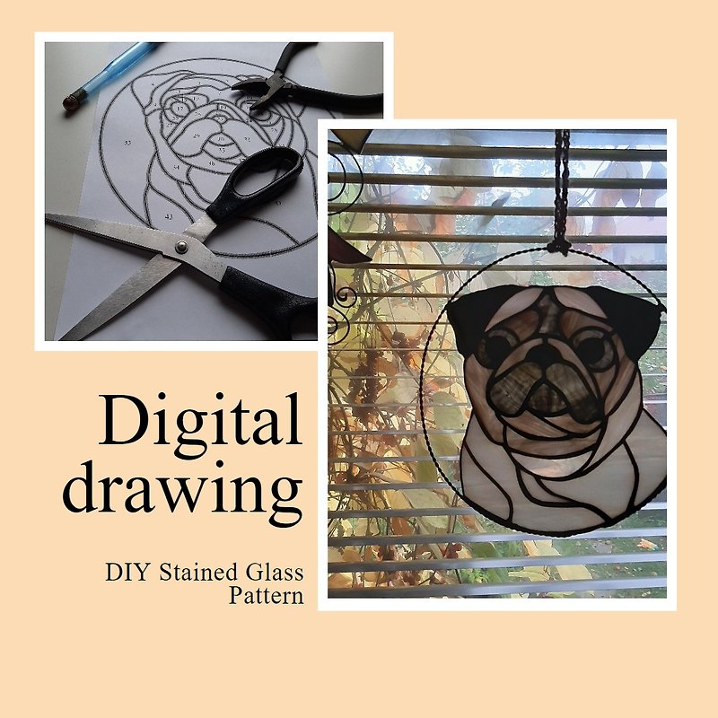 Lovely Pug Suncatcher/ Digital Download / Stained Glass Pattern / PDF file / DIY - Pottery & Glasswork - Colored Glass Brown