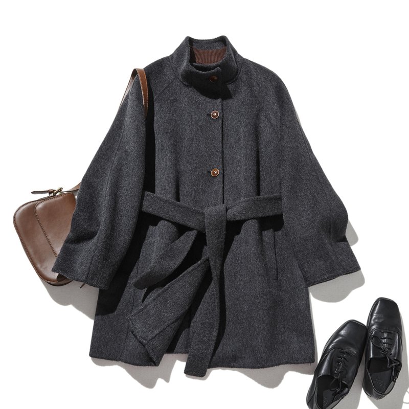 Warm stand-up collar coat with belt, wool blend, dark grey, 241110-3 - Women's Blazers & Trench Coats - Wool 