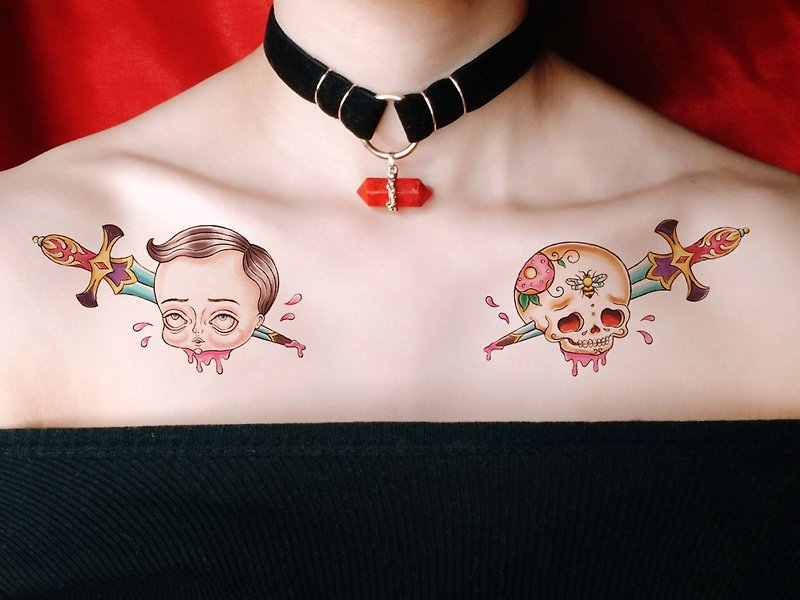 Boy head & skull with sword - temporary tattoo sticker - Temporary Tattoos - Paper 