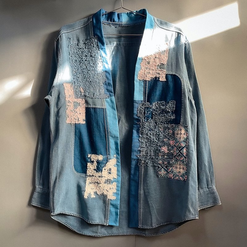 Remake boro shirt - เสื้อยืดผู้ชาย - ผ้าฝ้าย/ผ้าลินิน สีน้ำเงิน