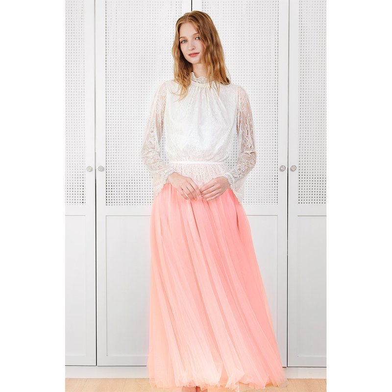 Elizabeth lace top + pink long gauze skirt, two-piece, light wedding dress, lac - ชุดราตรี - วัสดุอื่นๆ ขาว