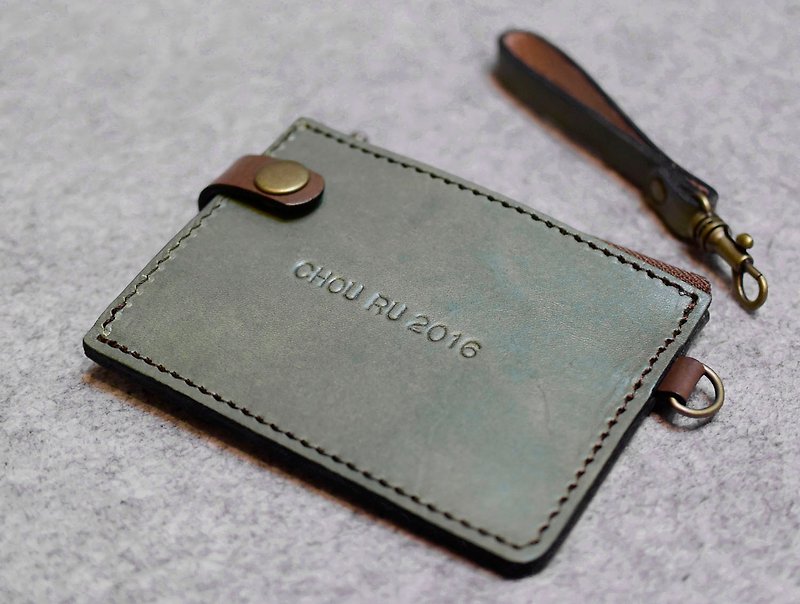 YOURS leather two-piece personalized coin purse / can be placed green + dark wood leather - กระเป๋าใส่เหรียญ - หนังแท้ 