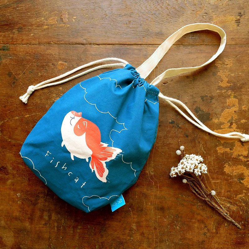 String Bag - Tisha Goldfish Cat - Toiletry Bags & Pouches - Cotton & Hemp Blue