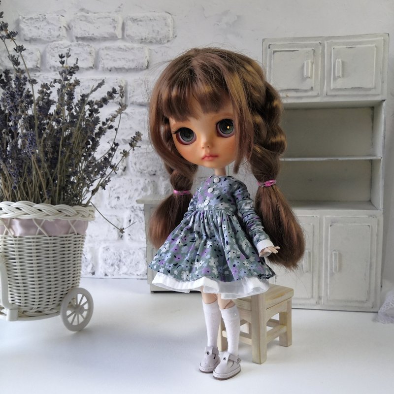 Green dress handmade. Dress Blythe doll. Clothes 1/6 doll. Outfit Blythe doll - ตุ๊กตา - ผ้าฝ้าย/ผ้าลินิน 