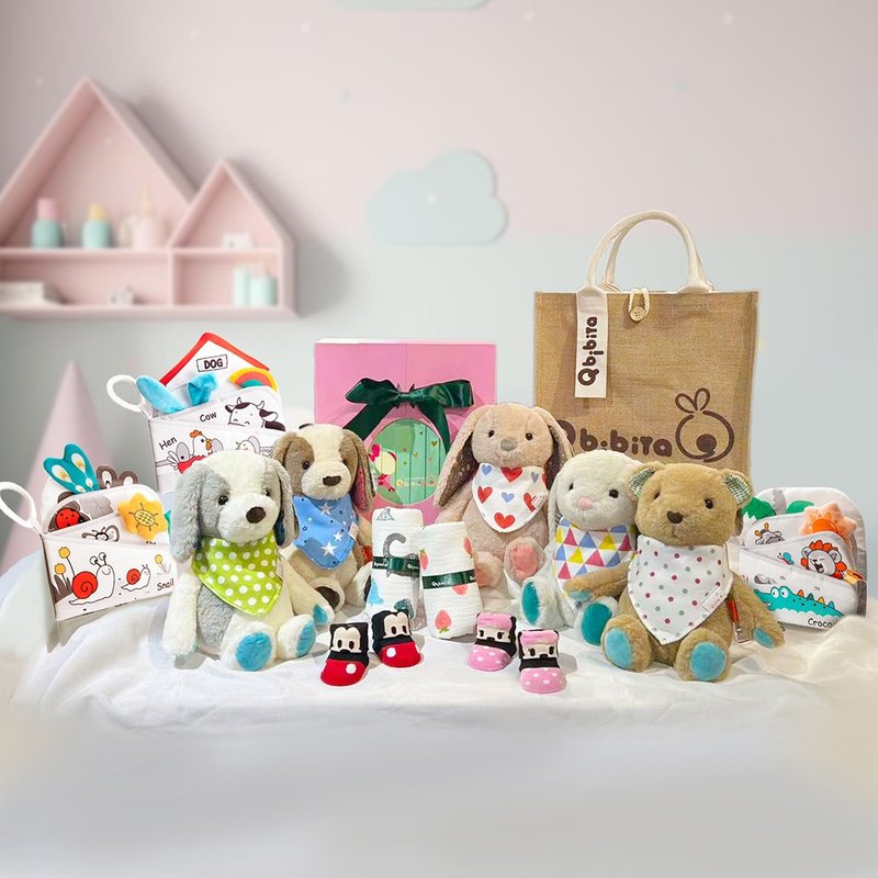 【客製】雙雙對對-萬用巾+娃娃+啟蒙布書+止滑襪+圍兜(彌月禮盒) - 彌月禮盒 - 聚酯纖維 黃色