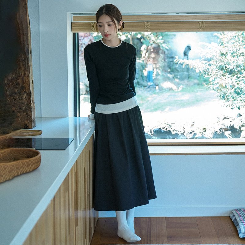 Black side-tie skirt|skirt|autumn style|Sora-1602 - กระโปรง - เส้นใยสังเคราะห์ สีดำ