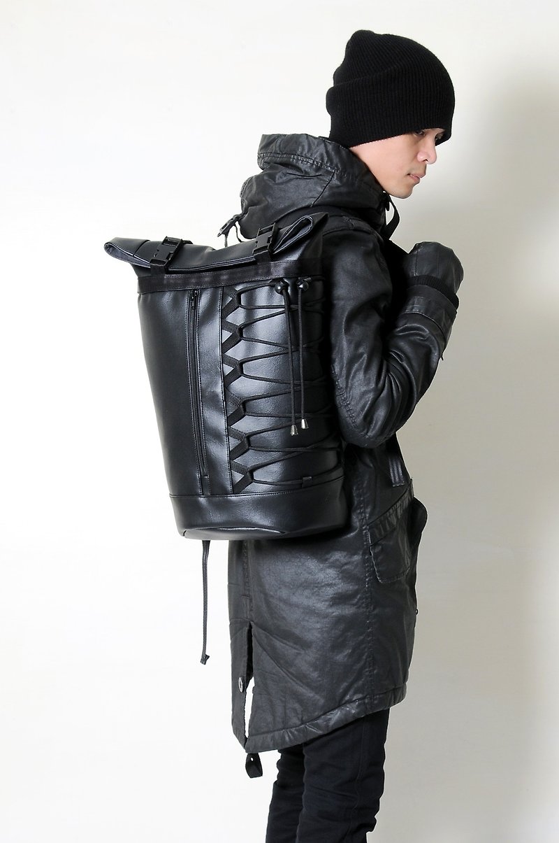 Graduation season NINJA-handmade waterproof artificial leather folding back/laptop bag - กระเป๋าเป้สะพายหลัง - หนังเทียม สีดำ