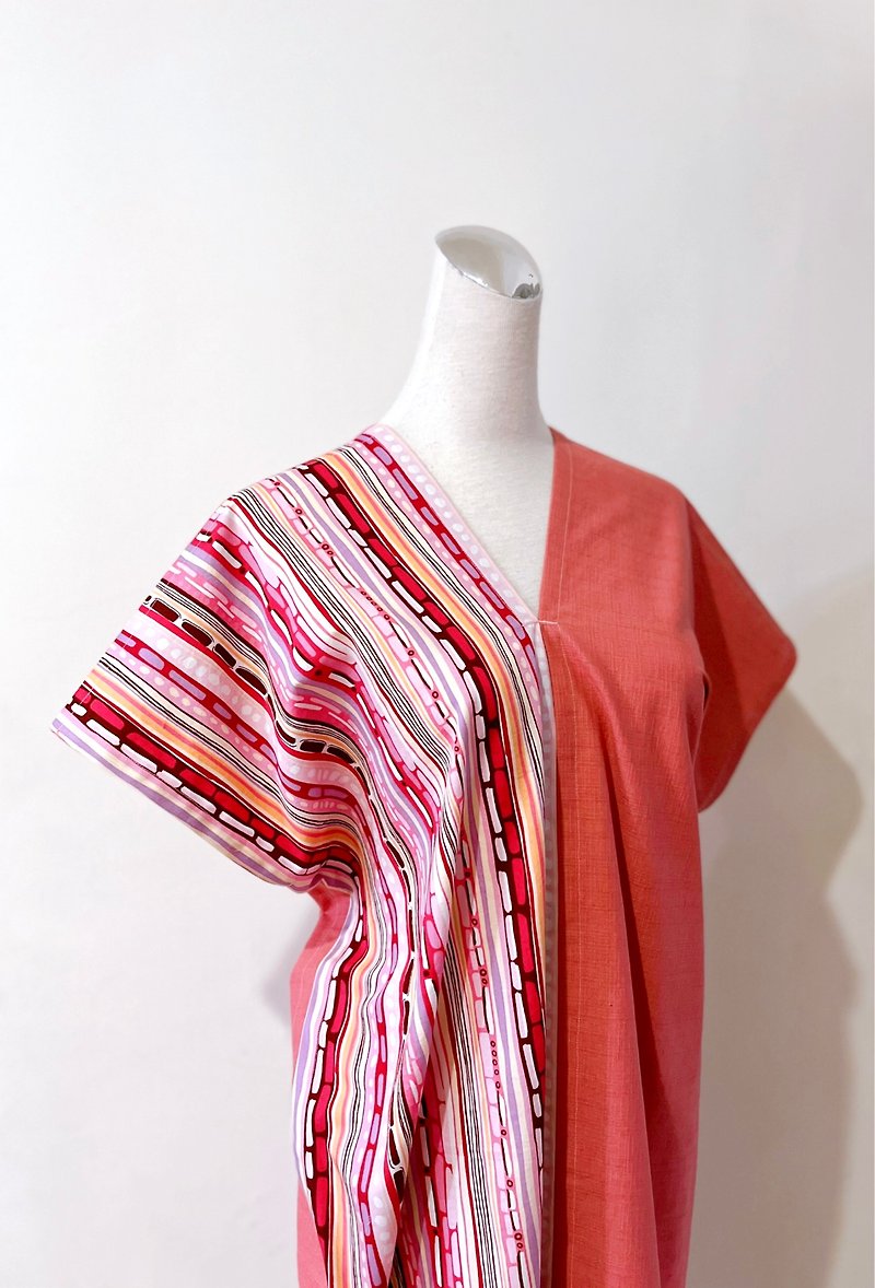 Pure cotton marker hand-painted sweet pink line contrasting coral pink long square dress - One Piece Dresses - Cotton & Hemp Pink
