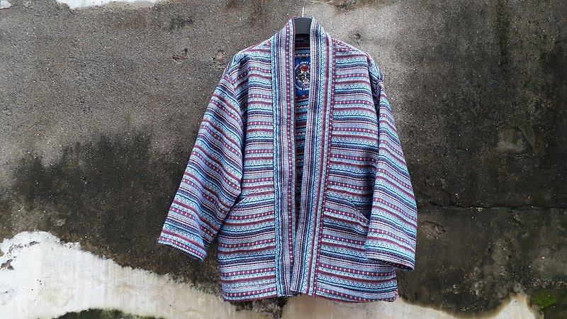 AMIN'S SHINY WORLD handmade KIMONO blue jacquard full version blouse coat - Men's Coats & Jackets - Cotton & Hemp Blue