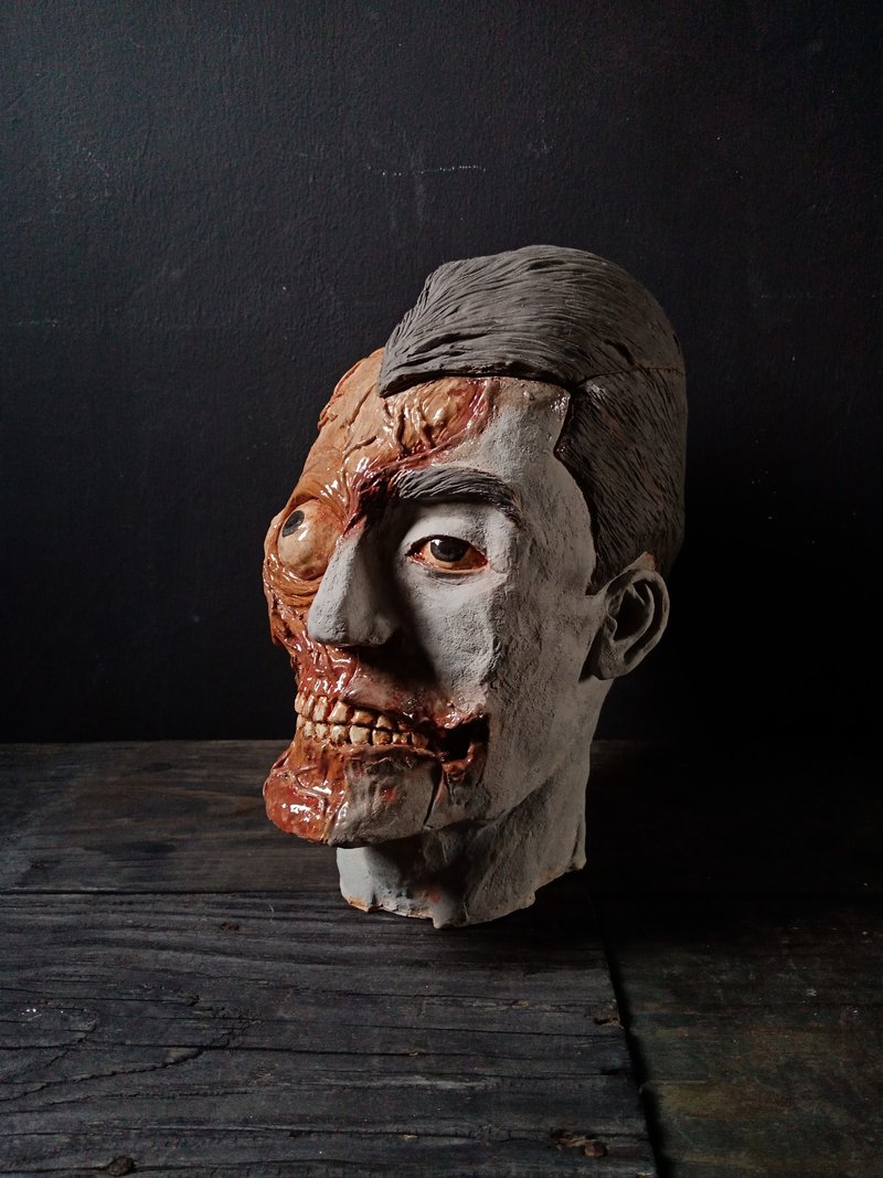 青面死人頭 (高27cm 置物收納 陶偶雕塑 藝術品 擺飾) - 公仔/玩偶 - 陶 