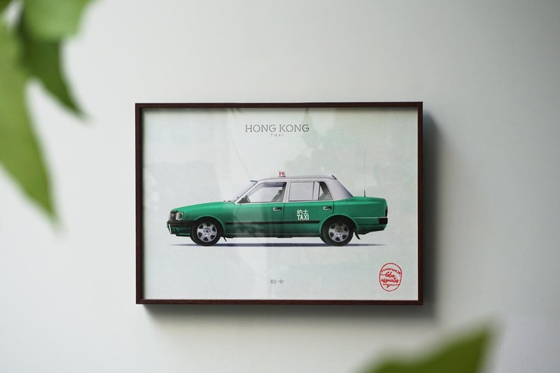 Hong Kong Public Transport Illustration With Frame - Green Taxi - โปสเตอร์ - อลูมิเนียมอัลลอยด์ 