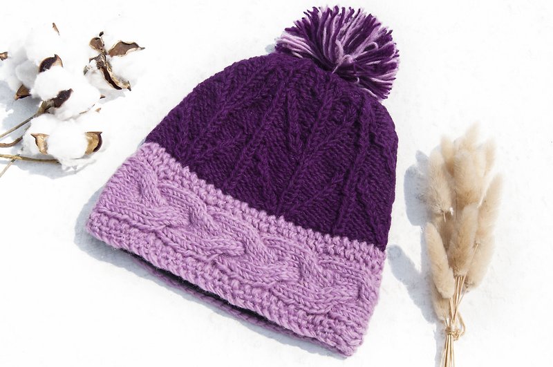 登山帽 露營帽 旅行帽 雪花帽 撞色毛線帽  聖誕禮物 手工編織純羊毛帽/編織帽/針織毛帽/內刷毛手織毛帽/毛線帽-紫色 - 帽子 - 羊毛 多色