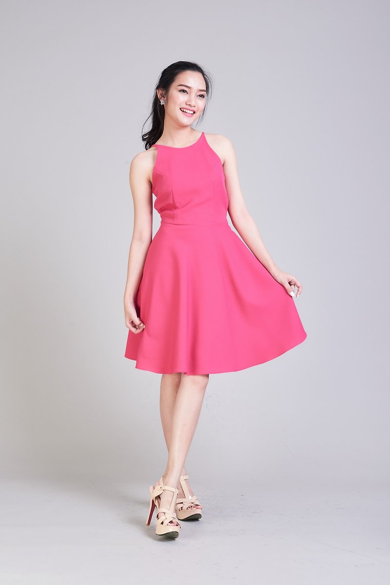 Fuchsia Dress Pink Crisscross Casual Dress Short Party Dress Swing Formal Dress - 連身裙 - 聚酯纖維 粉紅色