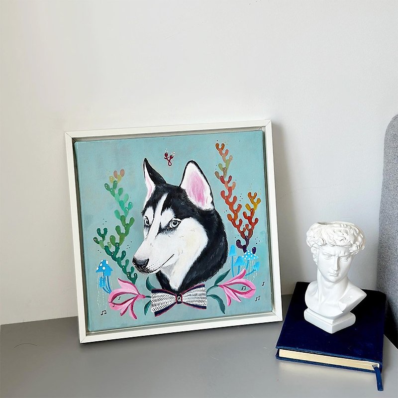 Manyu 手繪 寵物插畫 畫框33x33cm 訂製禮物【客製】 - 相框/畫框 - 棉．麻 藍色