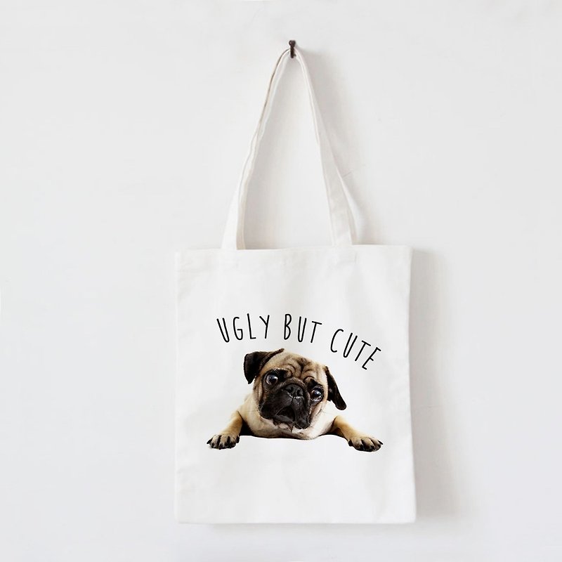 UGLY BUT CUTE PUG tote bag - Messenger Bags & Sling Bags - Other Materials White