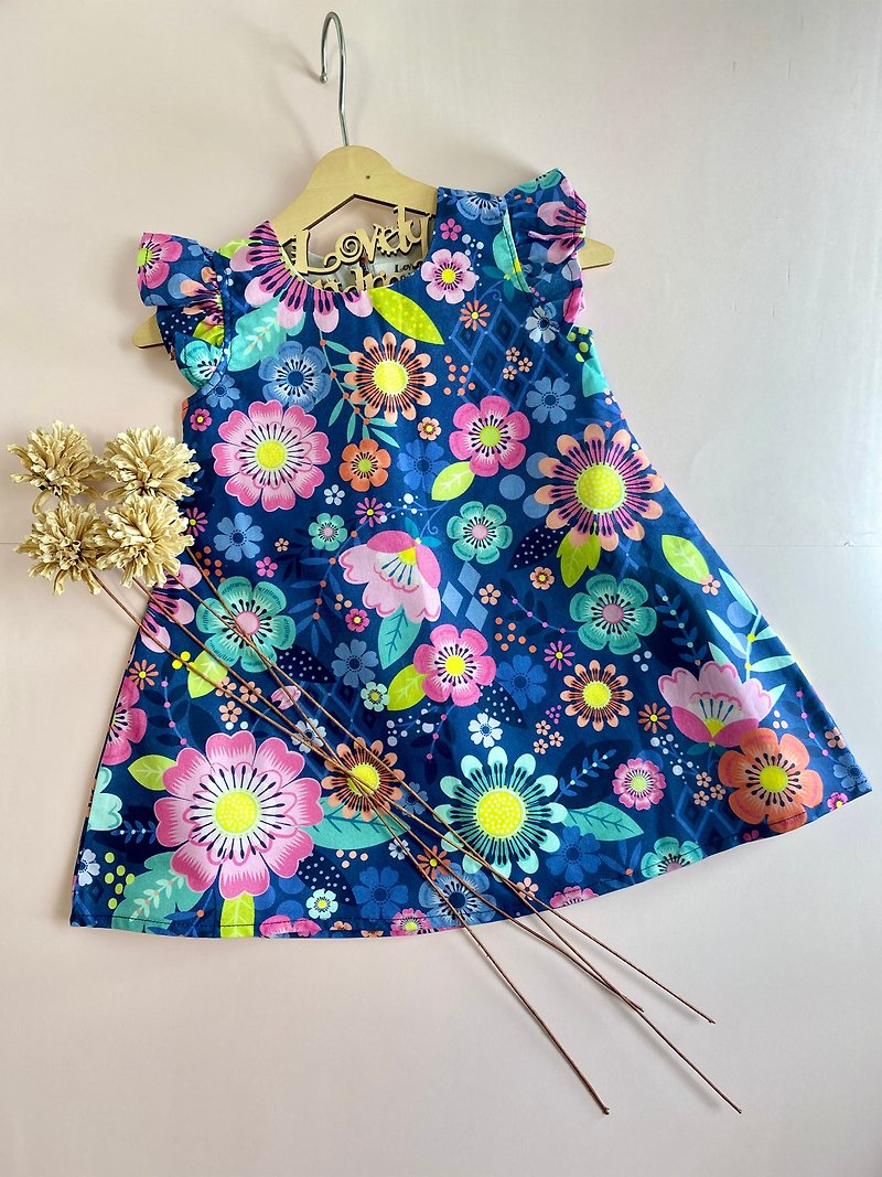 One Piece Dress for Girl Flower Dress for her Gift for Girl Birthday Gift - Skirts - Cotton & Hemp Blue