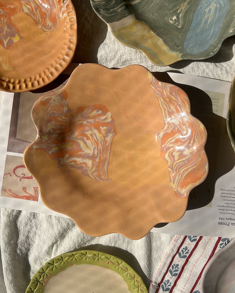 Hand Built Plate | Orange Marbling | Ceramic Handmade | Tableware - เซรามิก - ดินเผา สีส้ม