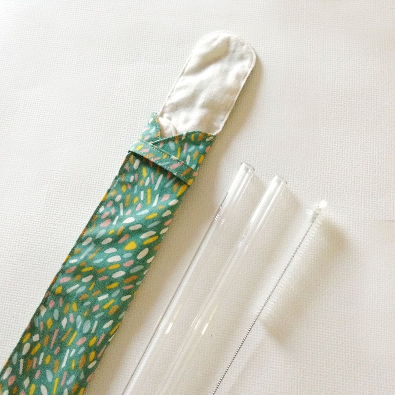 (Under revision) duo organic cotton double glass pipette group: storage bag x1 + glass siphon x2 + nylon bristle pipe brush x1 (colorful forest) / easy to clean / can be fully developed - Reusable Straws - Cotton & Hemp Green