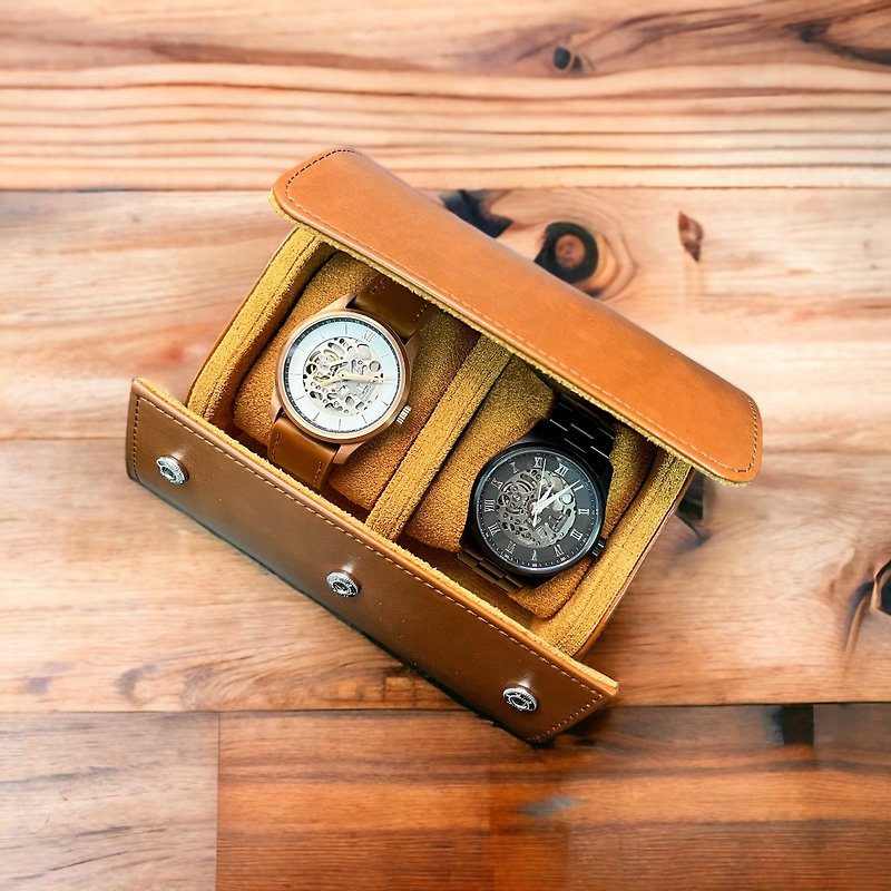 父親節禮物/皮革便攜式手錶盒/兩隻錶 - 居家收納/收納盒/收納用品 - 真皮 黑色
