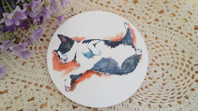 Yingge ceramic absorbent cup - sleeping cat series. Sleep - Coasters - Pottery Multicolor