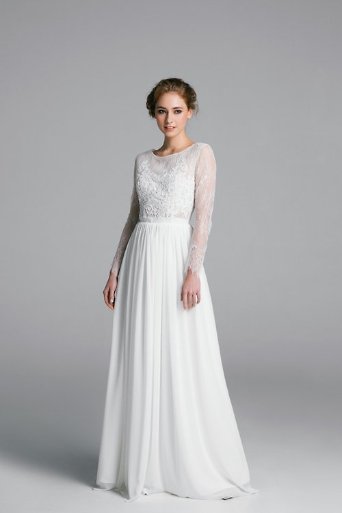 PiondressBridal Long sleeve wedding dress, Simple chiffon wedding dress | Hanna