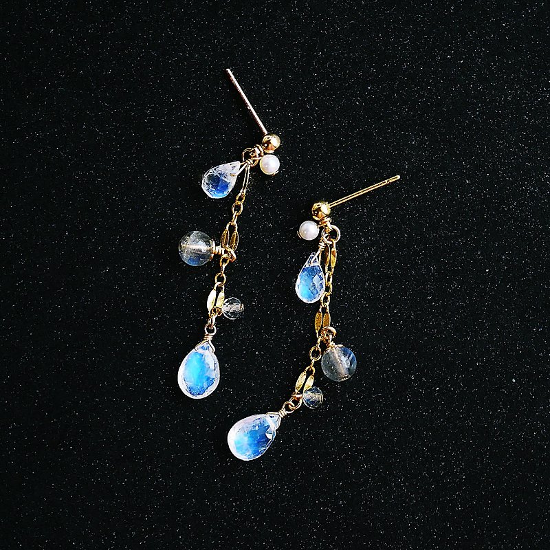 Multi-level top blue moonstone blue labradorite 14K earrings changed to clip Christmas gifts - Earrings & Clip-ons - Gemstone Gray