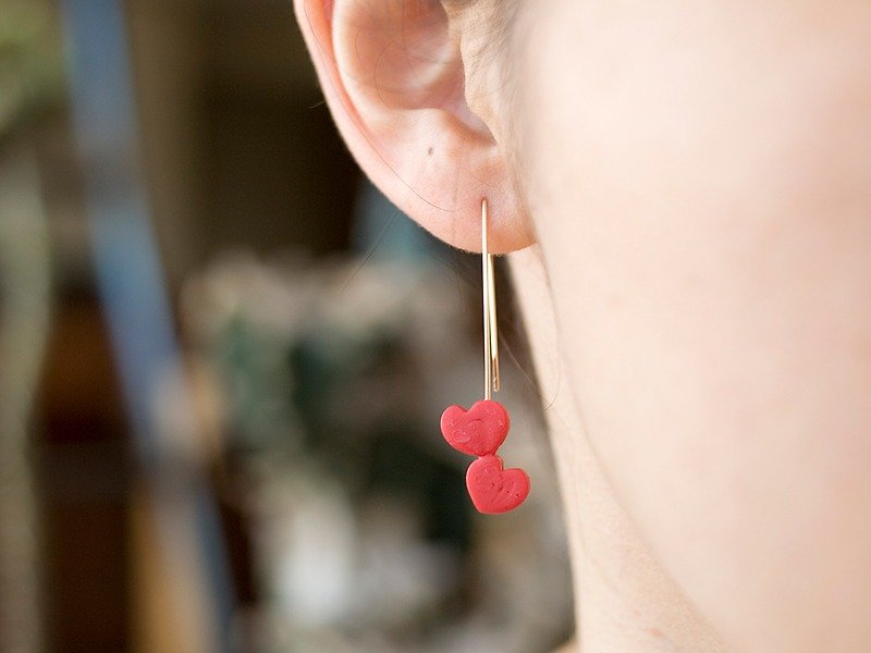14KGF/小小愛心  針式耳環  /紅 - 耳環/耳夾 - 黏土 紅色